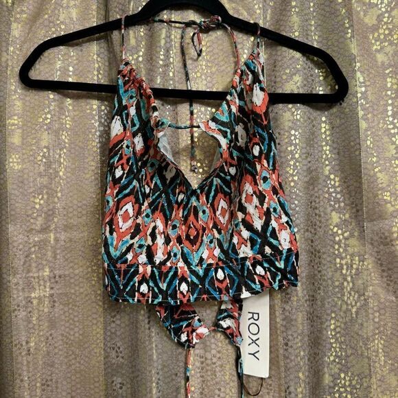 Roxy Tribal Boho Blue Black Orange Tie Back Cropped Halter Top Med NWT - Picture 1 of 7
